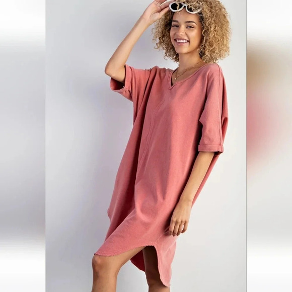 New! Easel Coral Mineral Washed Terry Knit Tunic T-shirt Dress M - Picture 4 of 6